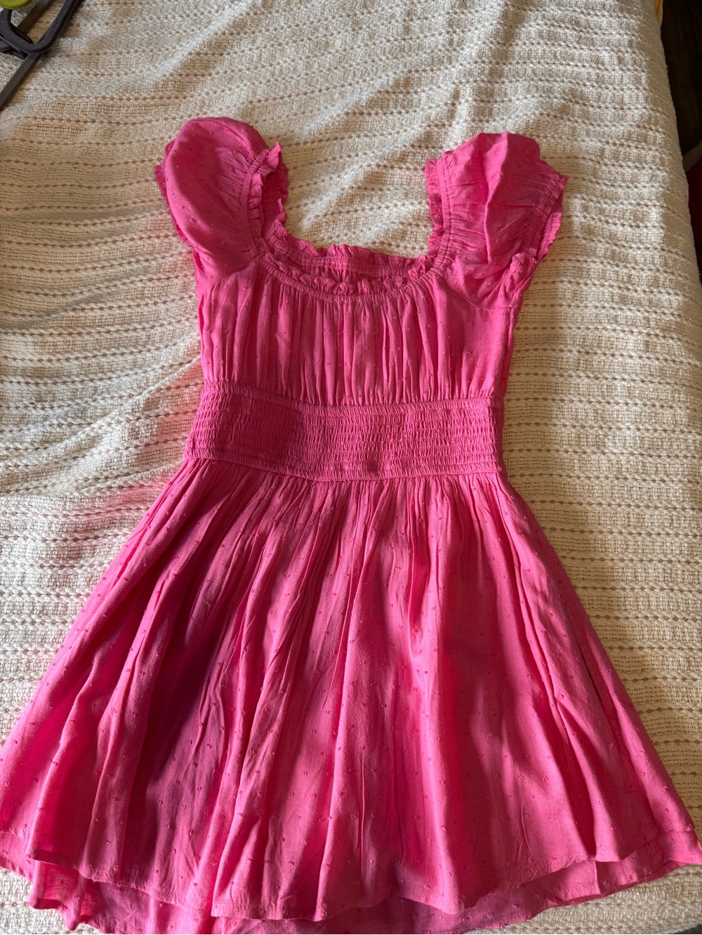 Hollister Bright Pink Smocked-Waist Puff Sleeve Dress